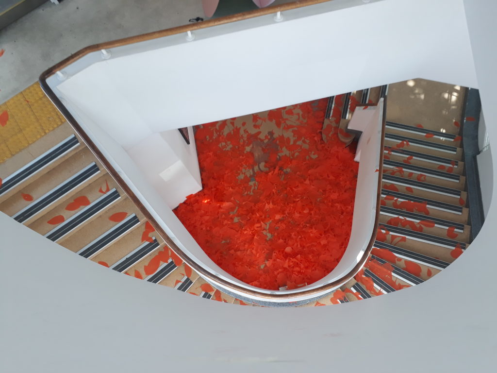 Overhead view of the completed performance piece Orange Rain by dhonan